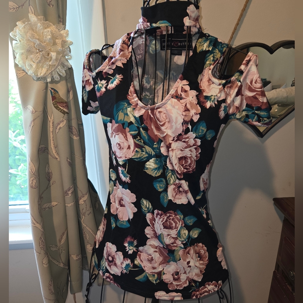 Polly & Esther Black Floral Cutout Blouse